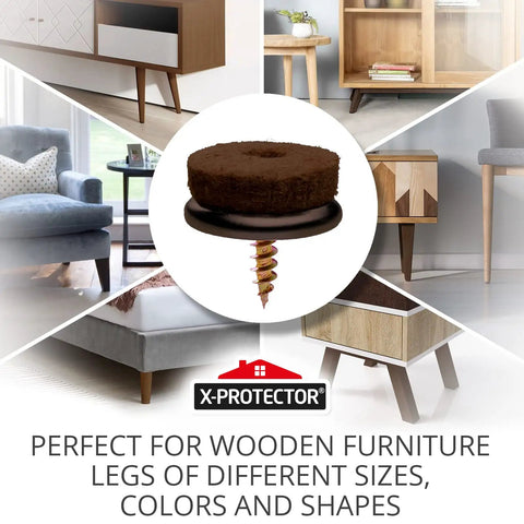 Screw On Felt Furniture Pads 24 Pack For Chair Legs 0.8 Inch Brown Floor Protectors on various wooden furniture.