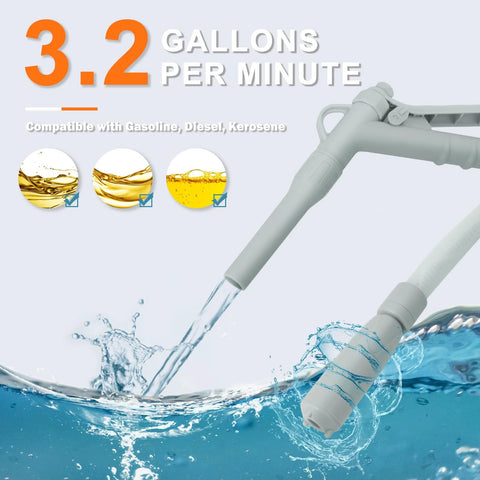 Portable Fuel Pump For Gas, Diesel And Kerosene With 3.2 GPM Flow, 51 Inch Hose, Gray, Durable Poly Hose, Non Potable Safe.