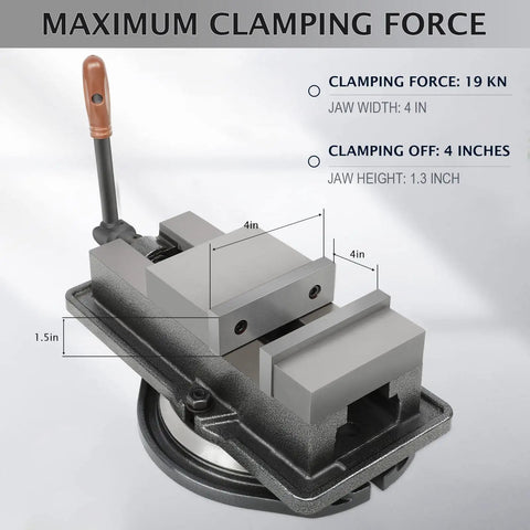 Built Tough Heavy Duty 4 Inch Vise With 360 Degree Swivel Base showcasing clamping force and dimensions for CNC milling and woodworking