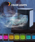 3-In-1 Mini Evaporative Air Conditioner Fan With USB Charging emitting 7 color LED lights near sleeping infant