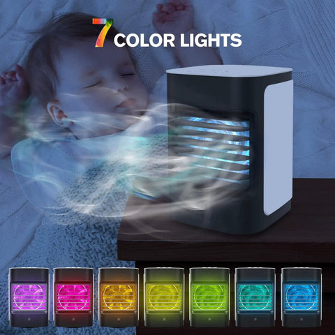 3-In-1 Mini Evaporative Air Conditioner Fan With USB Charging emitting 7 color LED lights near sleeping infant
