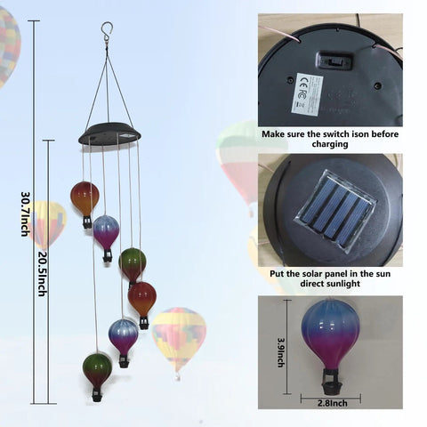 Solar Hot Air Balloon Lantern And Wind Chimes For Garden Outdoor Hanging Lights, 30.7-inch, with solar panel and charging details.