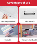Big Boss 90 Quart Clear Plastic Storage Bins 8 Pack With Snap On Lids showing pull handles and stackable design for easy organization.