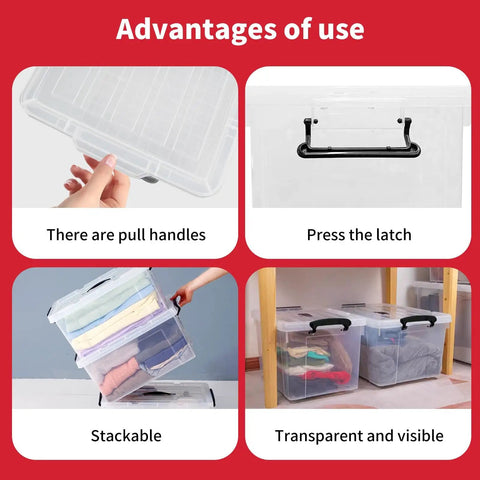 Big Boss 90 Quart Clear Plastic Storage Bins 8 Pack With Snap On Lids showing pull handles and stackable design for easy organization.