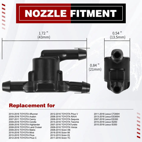 Wiper Washer Windshield Check Valve Replacement Kit For Toyota Scion And Lexus 2PCS Spray Jet Nozzles Compatible With OEM 85321 28020 Ready To Install shown with dimensions and fitment.