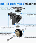 Diagram of 4 Inch Heavy Duty Industrial Caster component details including dual locking brakes, 2200 lbs capacity, swivel bearings, and PU tire.