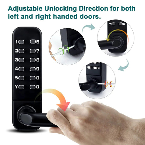 Close-up of keyless entry door lock with keypad and adjustable handle for left or right-handed doors, black waterproof design.