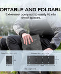 Person holding folded 45W Portable Solar Panel With Type-C And N-Type Cells, 25% Efficient, Charge Faster, Foldable And Ultra Lightweight IP68 Waterproof For Power Stations, Four-Panel Design For On-The-Go Charging, Not Designed For Series Connection, demonstrating compact size.