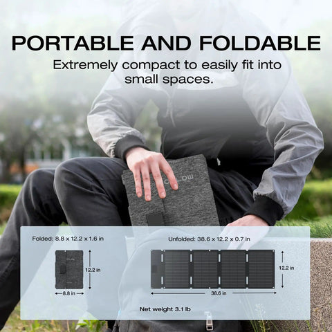 Person holding folded 45W Portable Solar Panel With Type-C And N-Type Cells, 25% Efficient, Charge Faster, Foldable And Ultra Lightweight IP68 Waterproof For Power Stations, Four-Panel Design For On-The-Go Charging, Not Designed For Series Connection, demonstrating compact size.