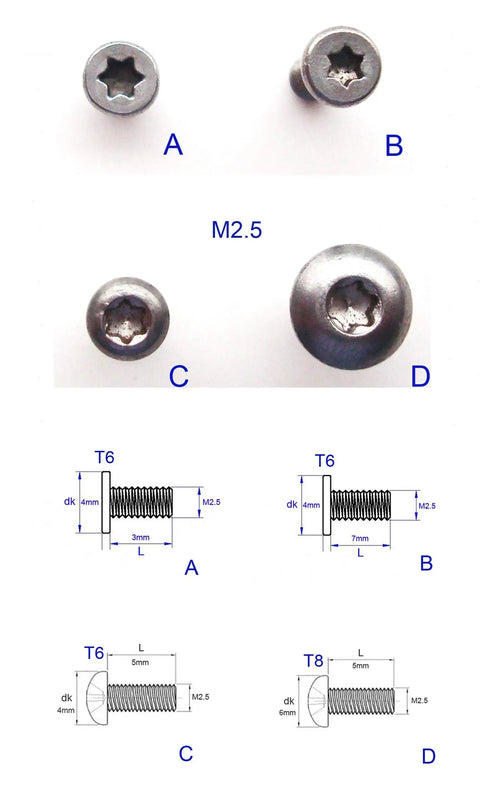 M2.5 Folding Knife Pivot Screws showing different angles and dimensions, crafted from rustproof stainless steel for outdoor use.