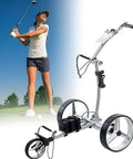 Super Sleek Three Wheel Electric Golf Cart With Integrated Remote Control, Featherweight Foldable Push Trolley For All Weather Play Sessions, Hella Quiet Dual Motor Glide next to a golfer.