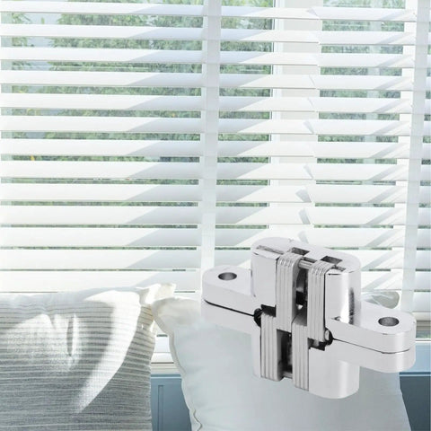 Heavy Duty Folding Door Hinge 13x60mm Invisible Wood Hinge for Folding Shutters with white background and sunlight shadows
