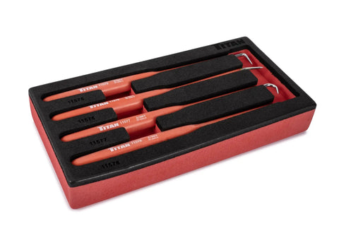 Heavy Duty Kickass 4 Piece High Voltage Insulated Probe And Hook Set For Auto Mechanic Crew 10K in a tool organizer.