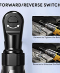 Professional 3/8 Cordless Ratchet Wrench With Brushless Motor And Knockout Torque showing forward/reverse switch for mechanics.