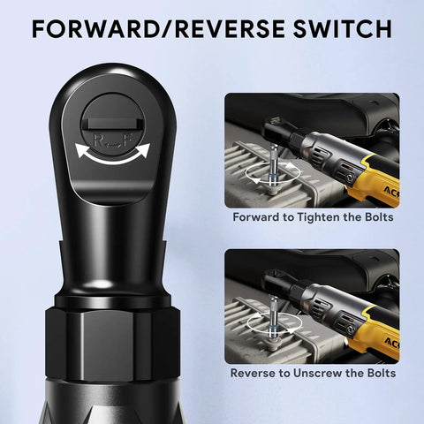 Professional 3/8 Cordless Ratchet Wrench With Brushless Motor And Knockout Torque showing forward/reverse switch for mechanics.