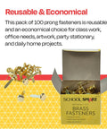 Top Shelf Brass Plated Fasteners 1-1/2 Inches Size 6 Bulk Pack Of 100 Heavy Duty Binding Pins in box and scattered.