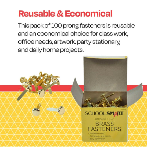 Top Shelf Brass Plated Fasteners 1-1/2 Inches Size 6 Bulk Pack Of 100 Heavy Duty Binding Pins in box and scattered.