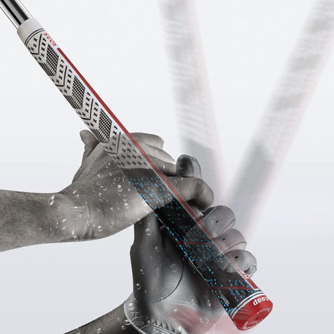 Back Rib Golf Grips Set Of 13 For Pro Level Control, Hybrid Multi Compound Rubber And Cord Construction, Standard To Midsize, 0.600 Core, 10.6 Inch Length, Five Color Options Including Gray, Slip Resistant Feel For All Clubs. close-up of gloved hands gripping a golf club, showing textured grip