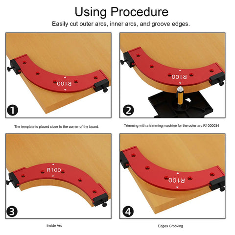 Heavy Duty Aluminum Router Jig Set With Boss Level R100 To R300 Round Corner Templates for edge trimming procedure.