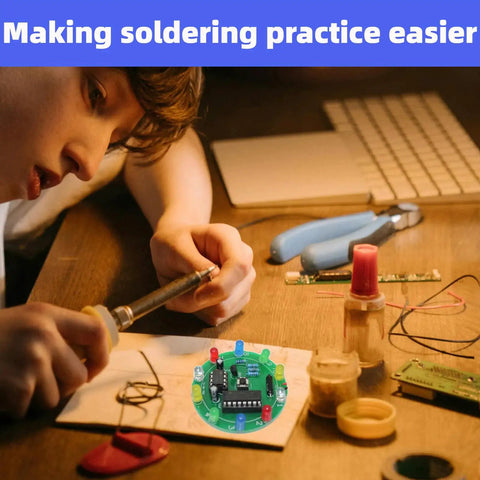 Two Pack Soldering Practice Kit With CD4017 And NE555 Chips in use by student, featuring Lucky Wheel LED Light Project board