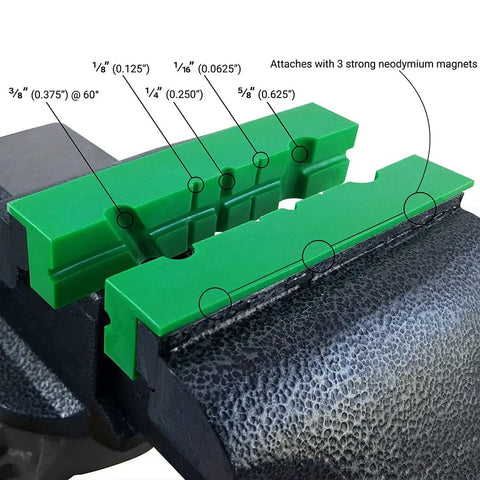 Soft Vise Jaw Pad For Metal And Wood Bench Vise Magnetic Protective Strip With Multi Groove Design in green, attached with magnets