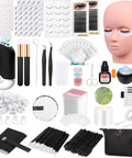All In One Lash Extension Practice Kit For Beginners with mannequin head, USB lash fan, and complete training accessories displayed.