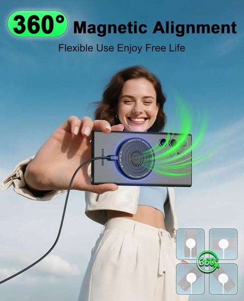 Woman holding phone with 360° magnetic alignment using 2 Pack Magnetic Wireless Charger Pads With 6ft Cable 15W Fast Charging Strong Magnetic