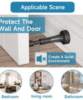 Heavy Duty Black Door Stoppers Sitting Firm On Floor With Thick Silicone Tip Rock Solid Aluminum Build Nonmarking Grip in use by a door.