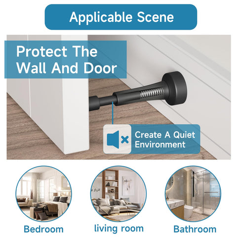 Heavy Duty Black Door Stoppers Sitting Firm On Floor With Thick Silicone Tip Rock Solid Aluminum Build Nonmarking Grip in use by a door.