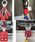 Pro Grade Lockout Hasp For Multi Person Equipment Lockout During Maintenance 1.5 Inch Six Hole Design To Hold Up To Six Padlocks Nylon PA Plus Construction Keeps Machinery Off And People Safe On Industrial Chemical Jobsites