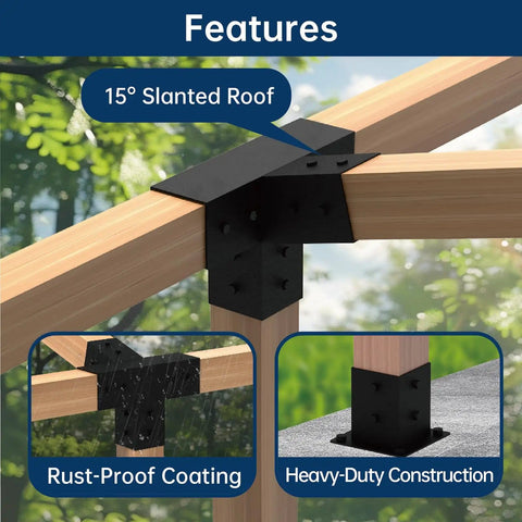 Heavy Duty Pergola Bracket Kit For 4x4 Posts With Wall Base showing 15 Degree Pitched Roof Mounts and Rust-Proof Coating