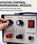 Close-up control panel of Jewelry Spot Welder With Pulse Sparkle Technology Pro Grade Portable Soldering Machine showing dials.