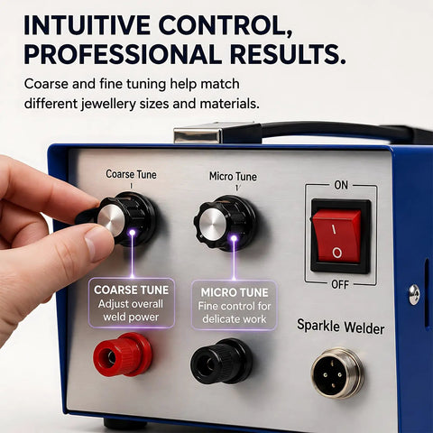 Close-up control panel of Jewelry Spot Welder With Pulse Sparkle Technology Pro Grade Portable Soldering Machine showing dials.