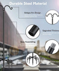Diagram of Two Pack String Light Poles With Seven Prong Steel Construction showing features and hooks for deck garden patio use.