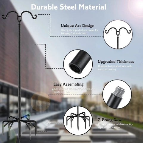 Diagram of Two Pack String Light Poles With Seven Prong Steel Construction showing features and hooks for deck garden patio use.