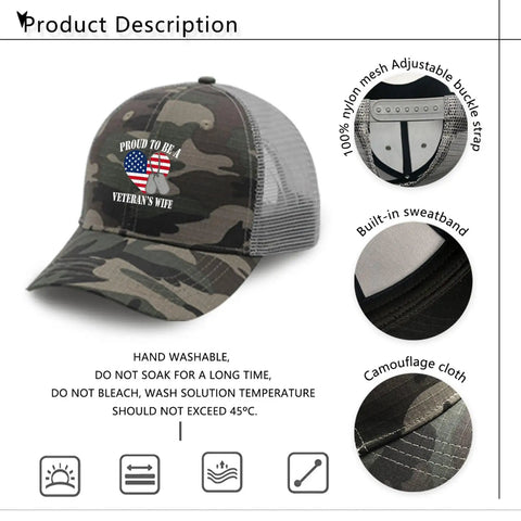 Military Wife Of A Vietnam Veteran Trucker Hat with camo pattern, adjustable buckle, and breathable mesh back, one size