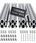 Eight 1000mm 2040 V Slot Aluminum Extrusion Profiles Silver, 6063 T5 Anodized for DIY CNC frames with hardware shown
