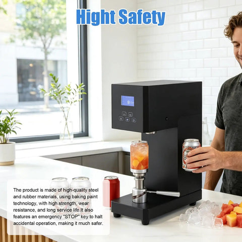 Man using Pro Grade 370W Automatic Sealing Machine For Milk Tea Bottles And Tea Drinks Heavy Duty Commercial Soda Can Sealer.
