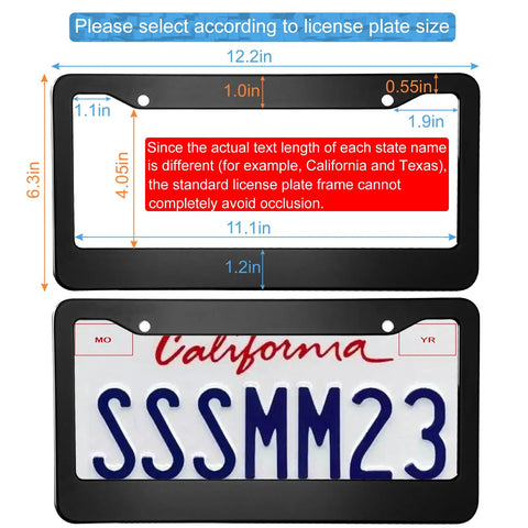Matte Black License Plate Frame Set For Your Ride, 2 Hole Solid Aluminum Car Plate Holder, size guide and example with plate