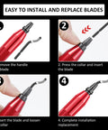 Steps to install and replace blades on Deburring Tool Kit With 10 Extra Blades And Red Handle Alloy Burr Removal Tool For Handicrafts.