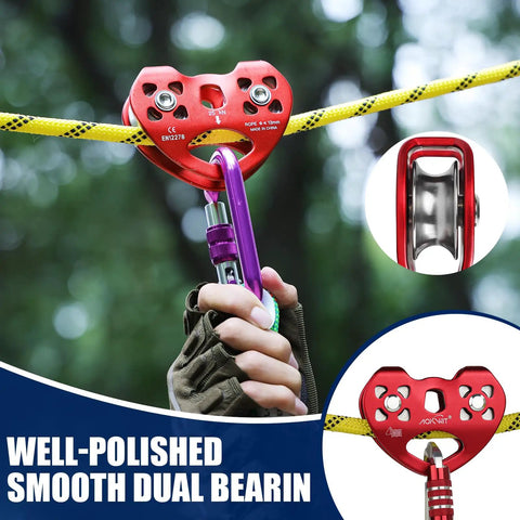 Zipline Pulley 25KN Aluminum Alloy Trolley With Stainless Steel Bearings for Smooth Glide, depicted installed on a yellow cable
