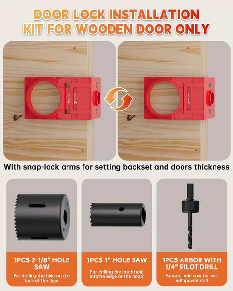 Heavy Duty Door Hinge Jig And Lock Installation Kit Solid Aluminum Router Template For Hinge Mortising And Knob Drilling Built Tough Weekend Warrior Tool Set showing hole saws and jig for wooden door installation.
