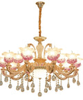 Stunning European Crystal Chandelier Featuring Pink Flower Accents Warm Led Ceiling Pendant Light Luxe Fixture For Living Room Or Hotel With Adjustable Chain To Slay Your Space Decor, gold and pink design.
