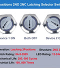 Diagram of 22mm Latching Selector Rotary Switch Three Position With 2NO 2NC Contacts, 12-24VDC, showing ON, OFF positions.