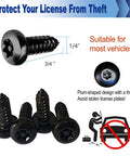 Heavy Duty Premium Black Anti Theft License Plate Screws M6 Stainless Steel Bolt Set For Vehicles showing plum-shaped design.