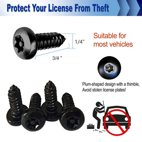 Heavy Duty Premium Black Anti Theft License Plate Screws M6 Stainless Steel Bolt Set For Vehicles showing plum-shaped design.