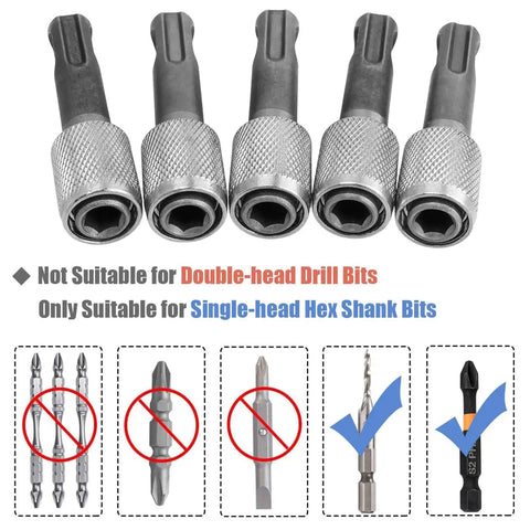 Five Piece SDS Plus Shank Drill Chuck Adapters Set To Convert To One Quarter Inch Hex Socket For Electric Hammer And Impact Drills High Hardness Forty Five Steel Drill Bit Holder Extends Tool Range