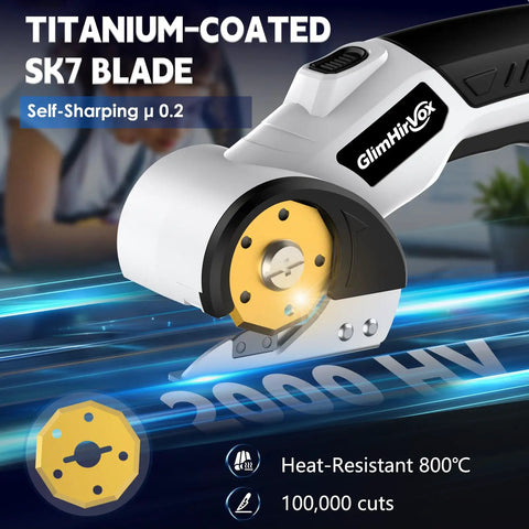 GlimHirVox Electric Box Cutter For Cardboard With Safety Lock And Led Light Cordless Scissors, titanium-coated SK7 blade.
