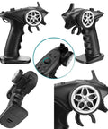 Collage of black 4CH remote controller for 2.4GHz RC Transmitter And Receiver Kit With FHSS 67 Channels, detailed views.