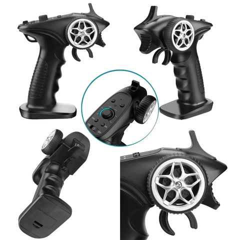 Collage of black 4CH remote controller for 2.4GHz RC Transmitter And Receiver Kit With FHSS 67 Channels, detailed views.